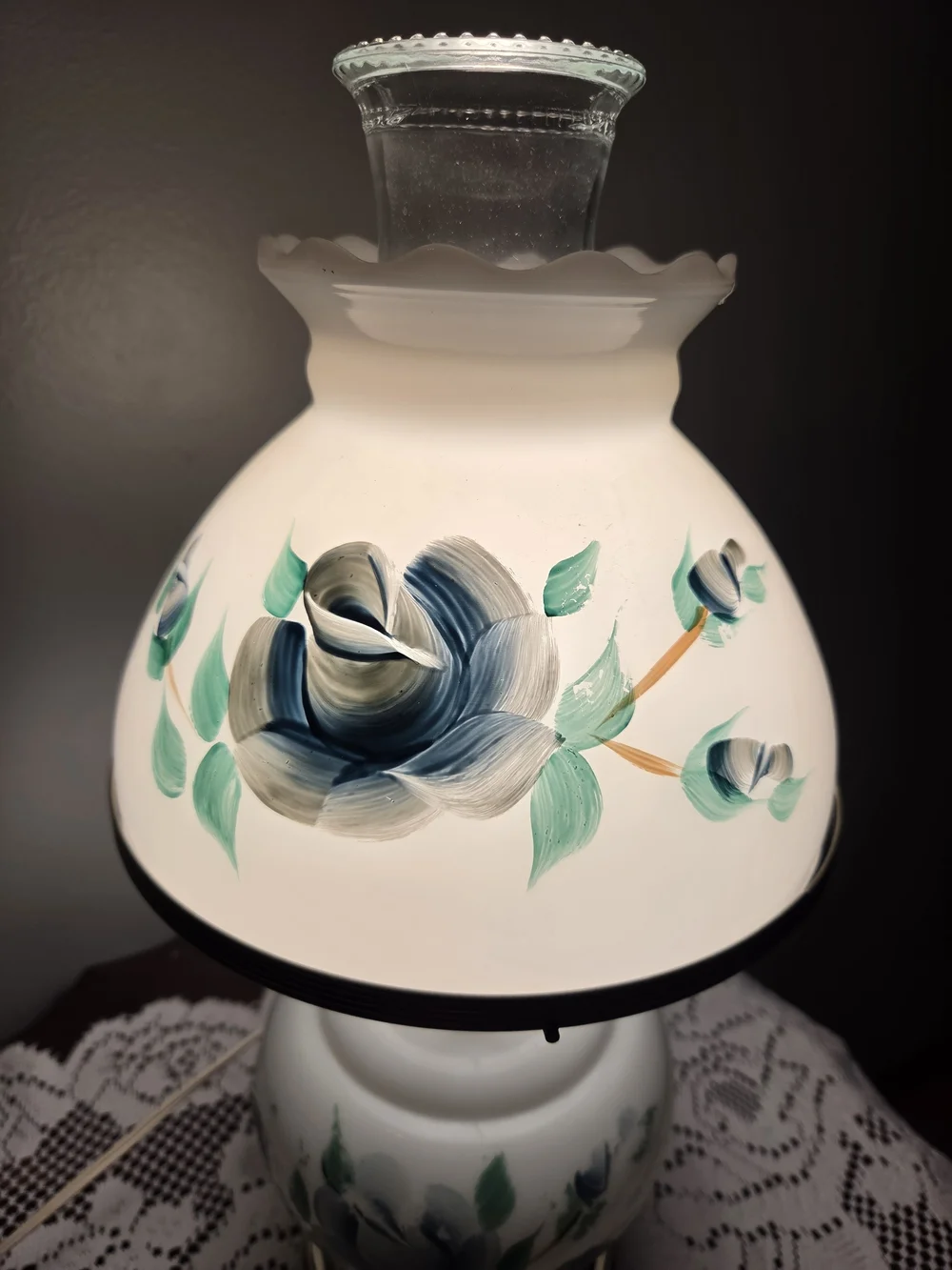 Vintage Hurricane Lamp Milk Glass Hand-Painted Blue Roses Cottage Grandma
